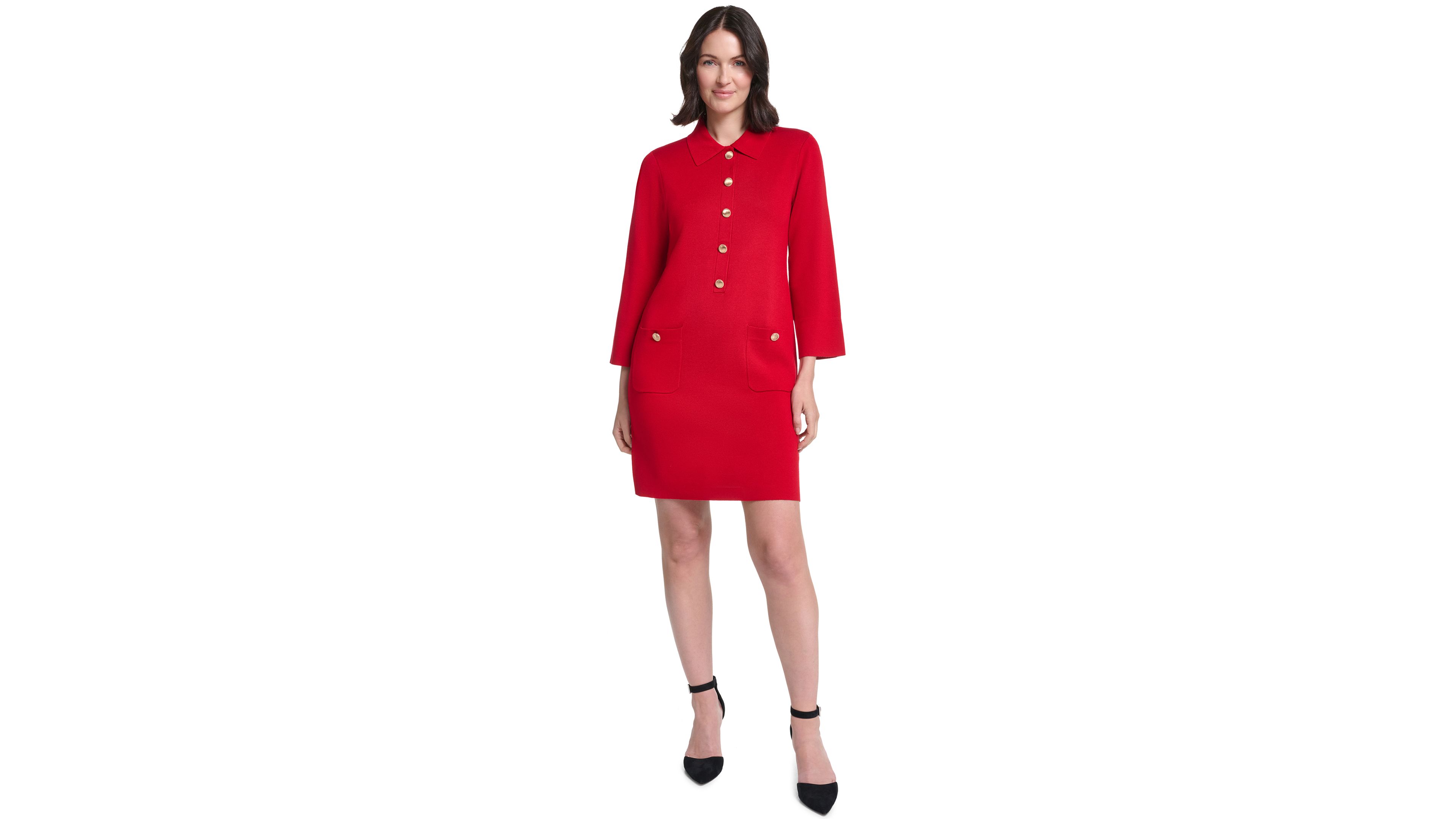 Jessica Howard Womens Collared Button Front Long Sleeve Midi Dress