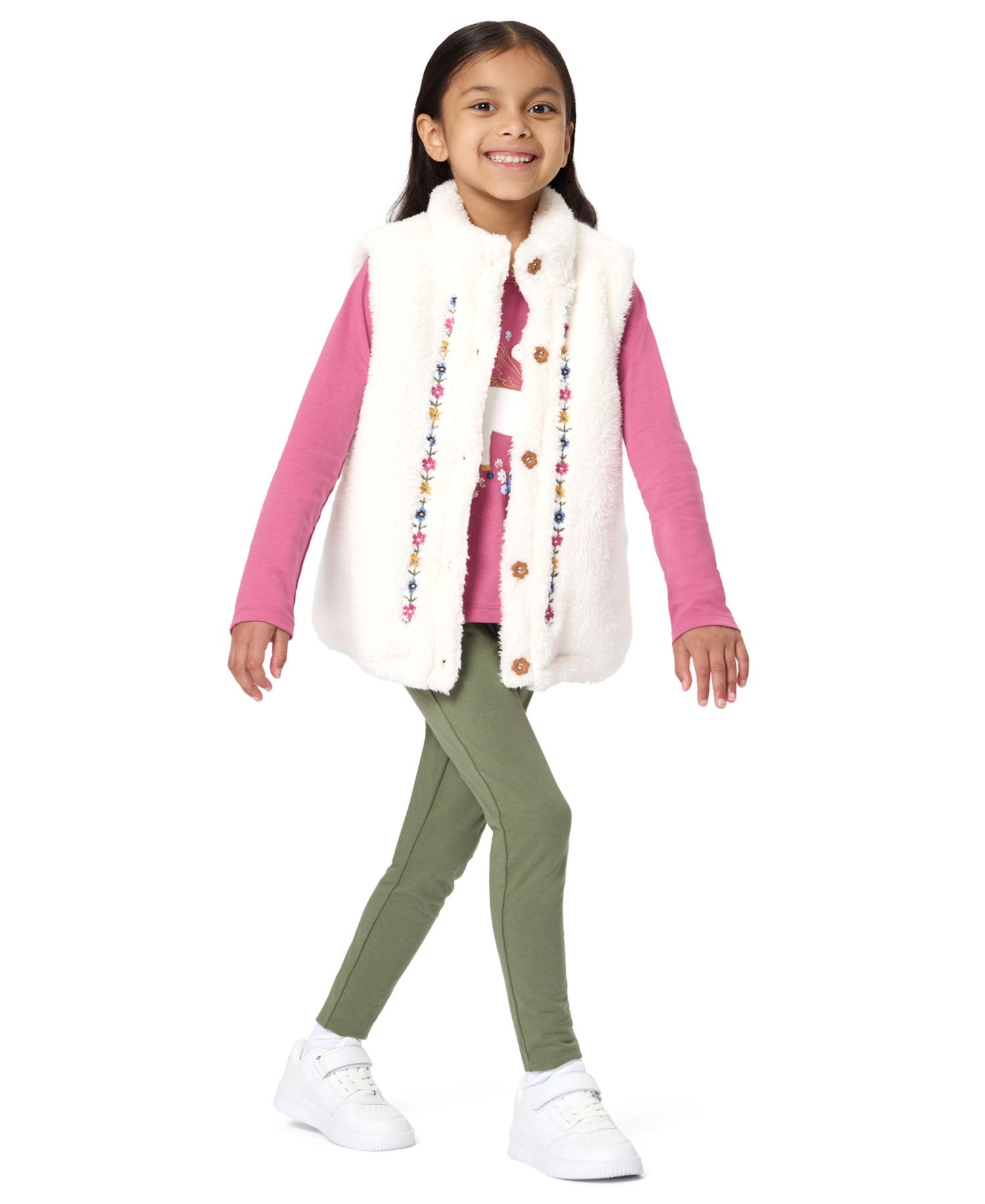 Girls' 2T-16 Long Sleeve Sherpa Embroidered Vest, T-Shirt and Leggings, 3-Piece Set