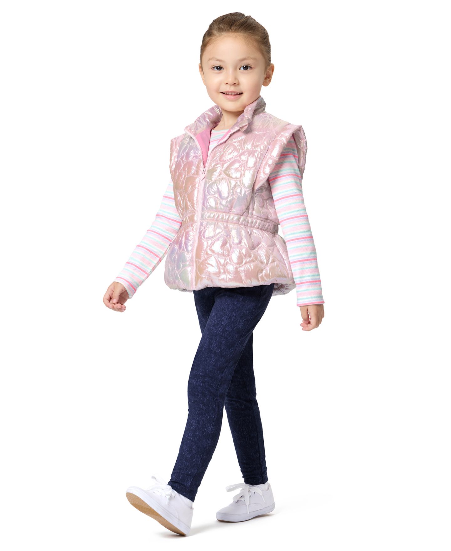 Комплекты Kids Headquarters Striped Long-Sleeve Puffer Vest, T-Shirt and Pants, 3-Piece Set для девочек, цвет: Розовый — фото 2