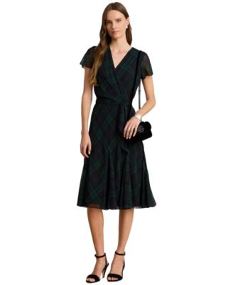 Women's Plaid Flutter-Sleeve Wrap Dress