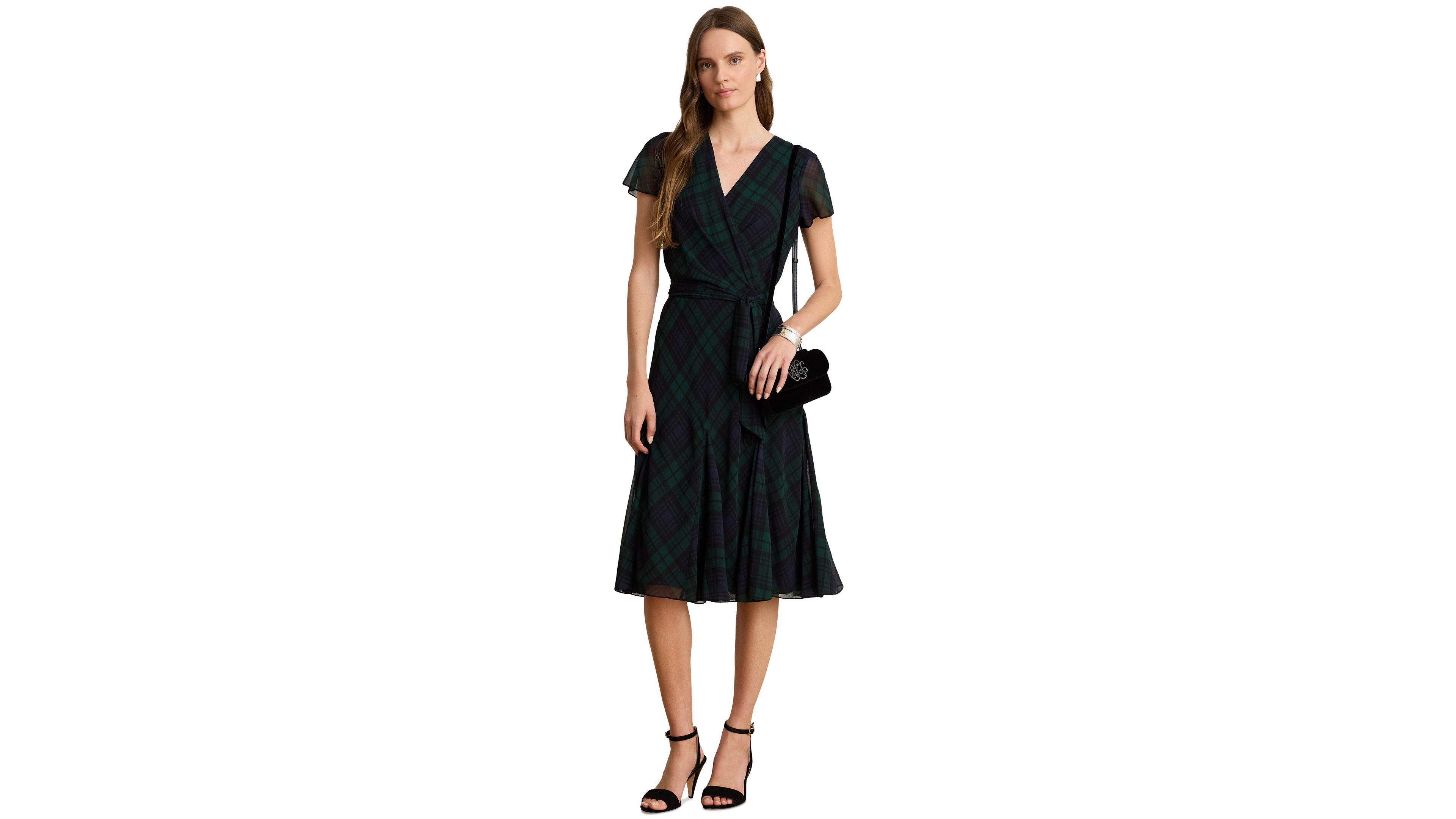 Lauren Ralph Lauren Womens Plaid Flutter Sleeve Wrap Dress