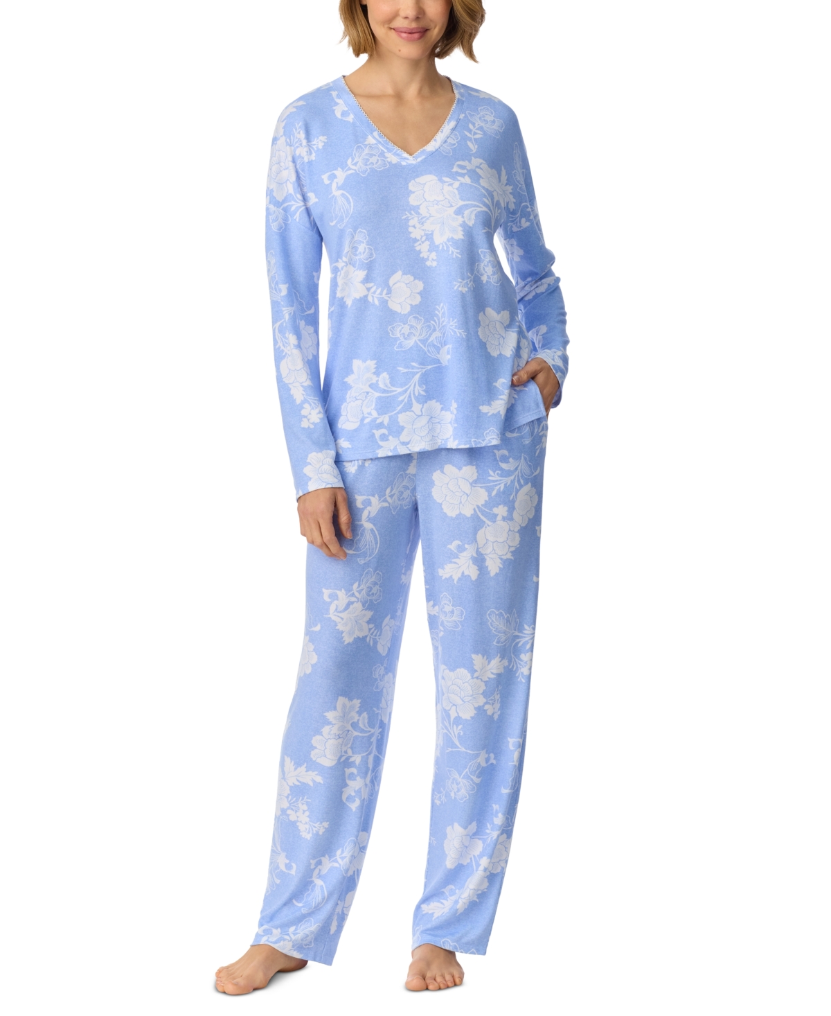 Ellen Tracy Women's Long-Sleeve V-Neck Brushed Sweater Knit Top and Pants, 2-Piece Set - Blue Floral
