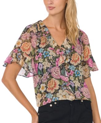 Women's Short-Flutter-Sleeve Floral Ruffle Blouse