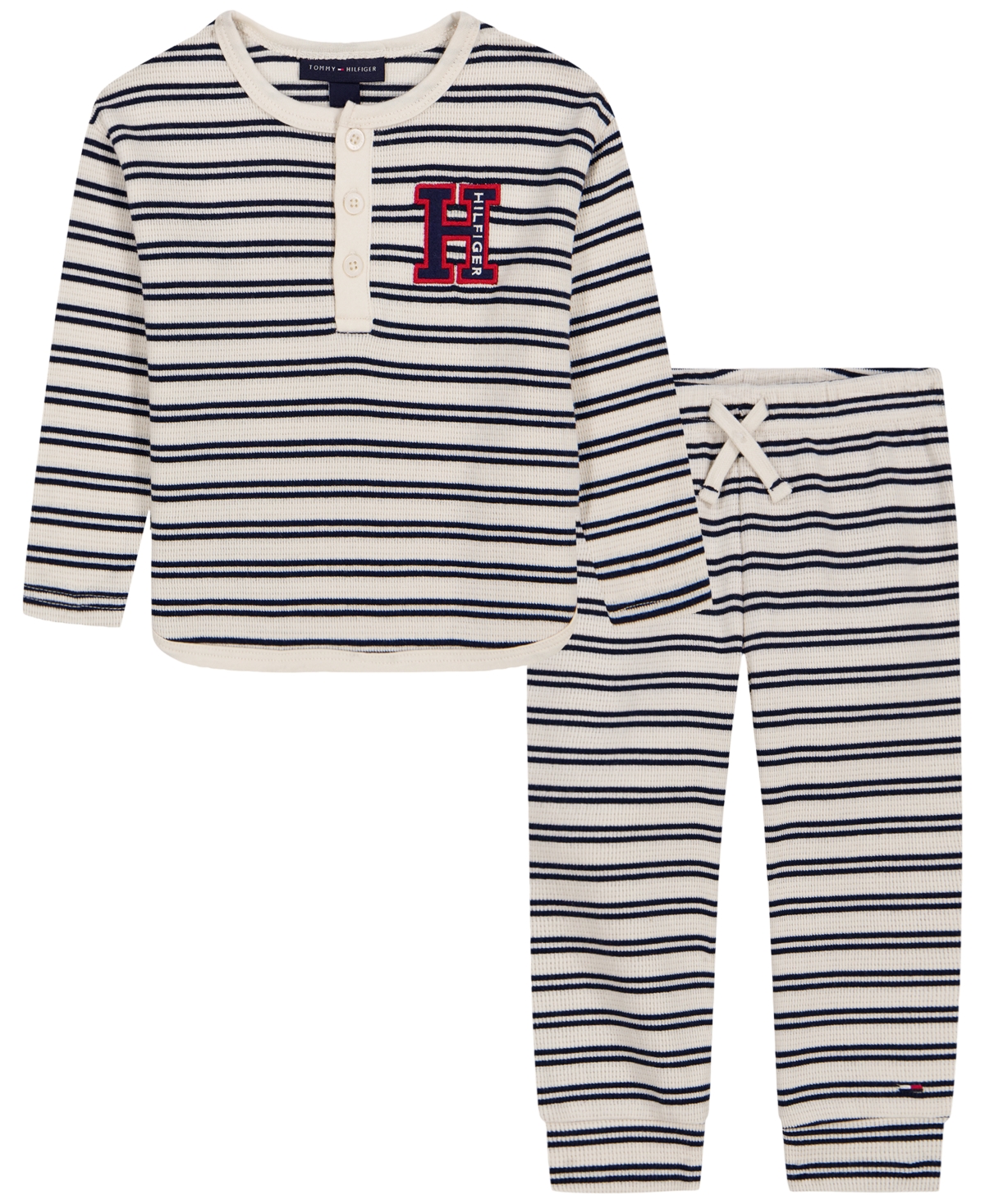Tommy Hilfiger Baby Boys' Thermal Long-Sleeve Henley and Joggers, 2-Piece Set - Bone White/Dark Navy