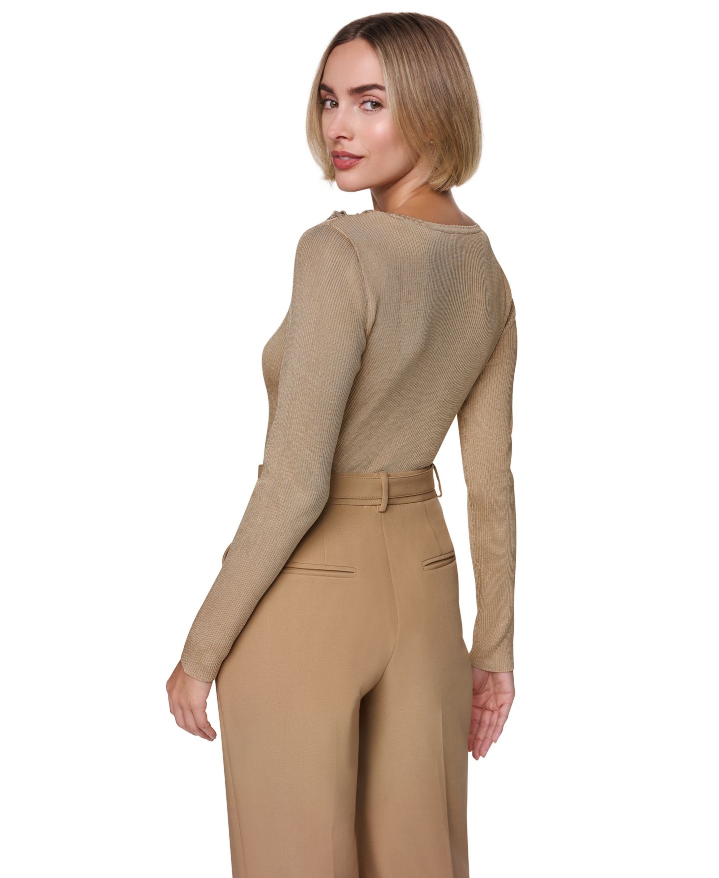 Женский свитер Sonia Rykiel V-Neck Ruffle-Detail Fitted Pullover, цвет: Верблюжий — фото 3