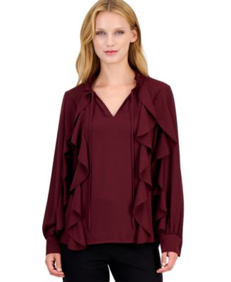 Women's Long-Sleeve Keyhole Ruffle Blouse