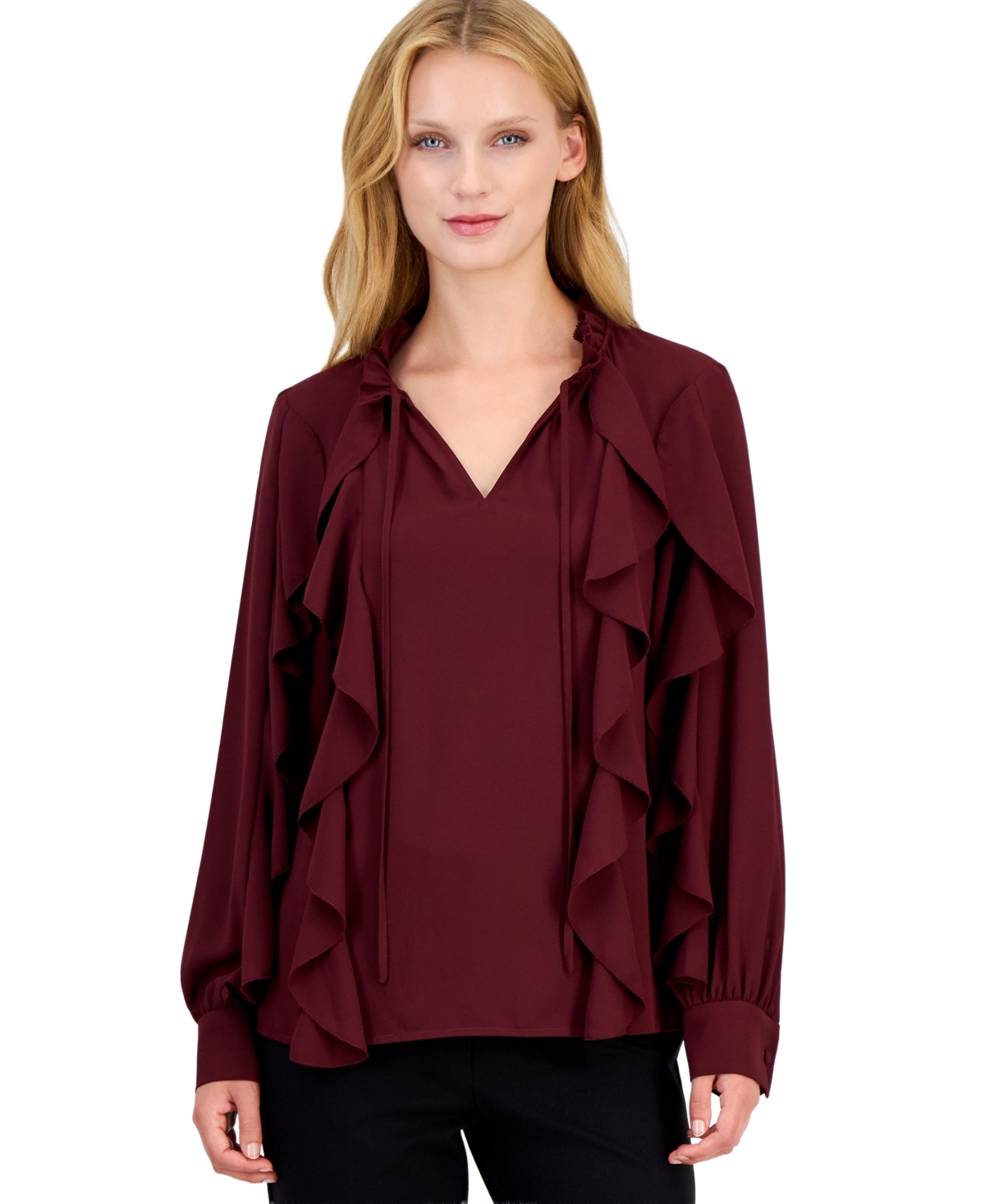 Anne Klein Women's Long-Sleeve Keyhole-Neck Ruffle Blouse