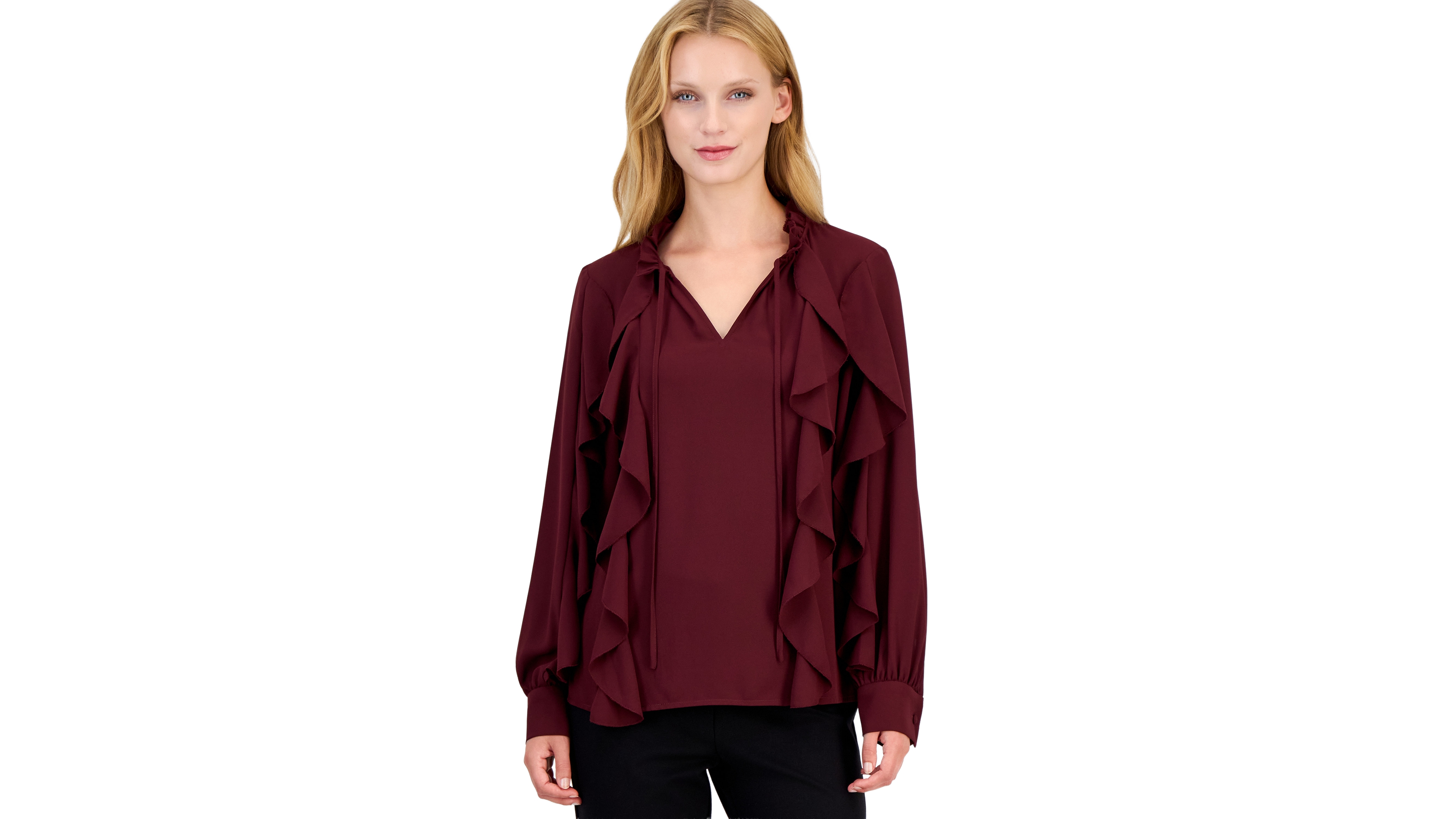 Anne Klein Women's Long-Sleeve Keyhole Ruffle Blouse