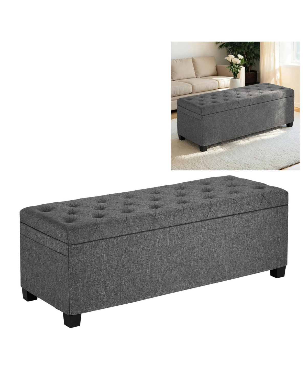 Gouun 43 Inch Button-Tufted Storage Ottoman Bench with Flip-Up Lid and Side Pockets