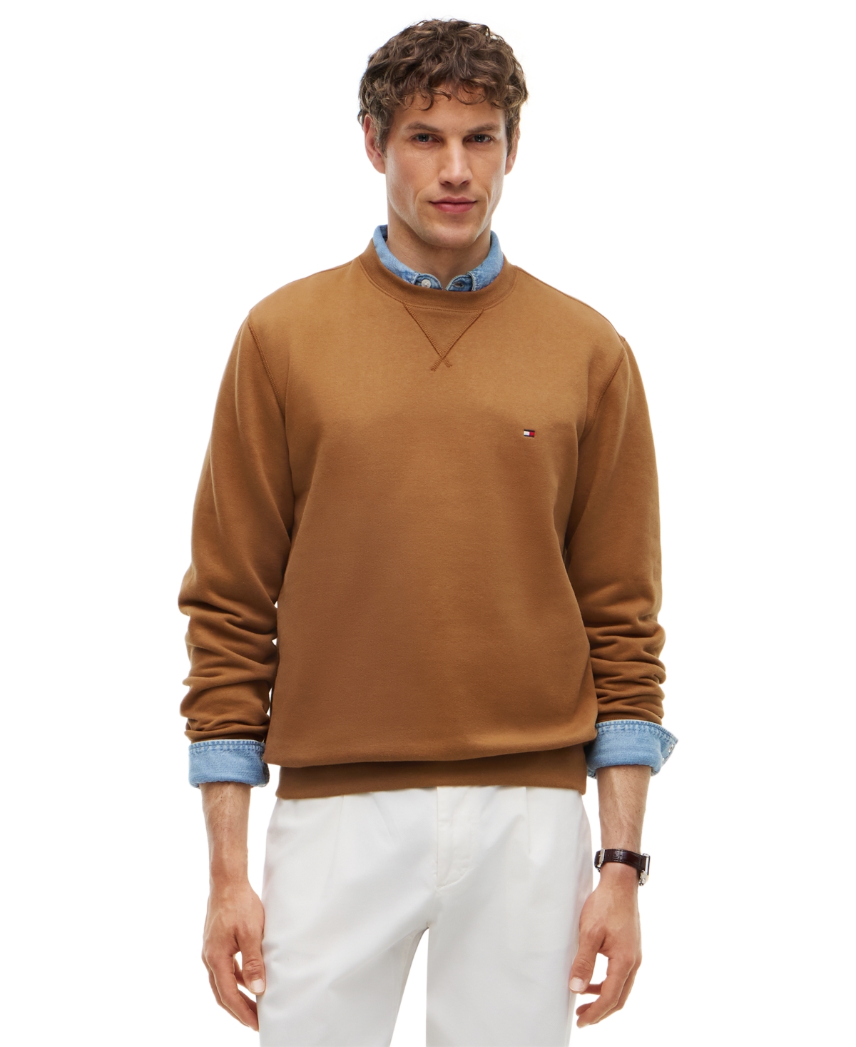 Tommy Hilfiger Men's Ess Fleece Crewneck Regular-Fit Sweatshirt - Timeless Tawny