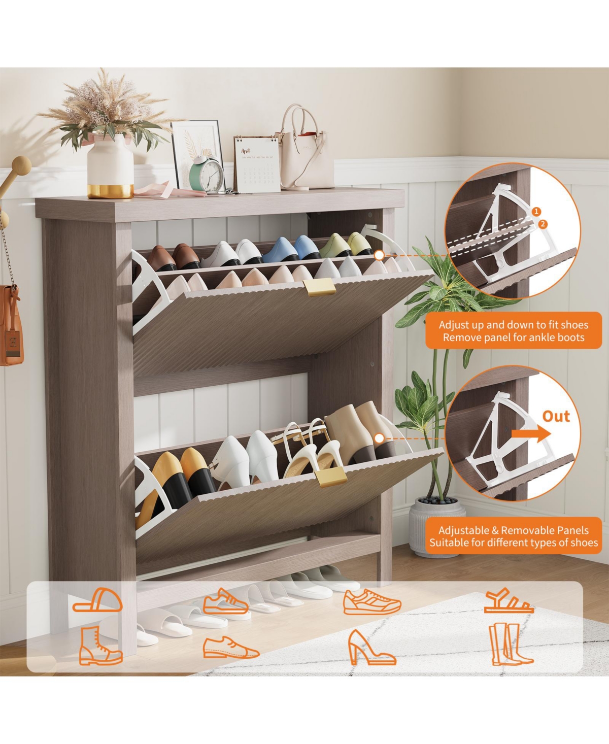 gaomon Striped freestanding entryway shoe cabinet with double-layer flip drawers, adjustable shelves and dust-proof back panel