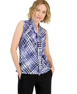 Women's Abstract Print Tie-Neck Sleeveless Blouse