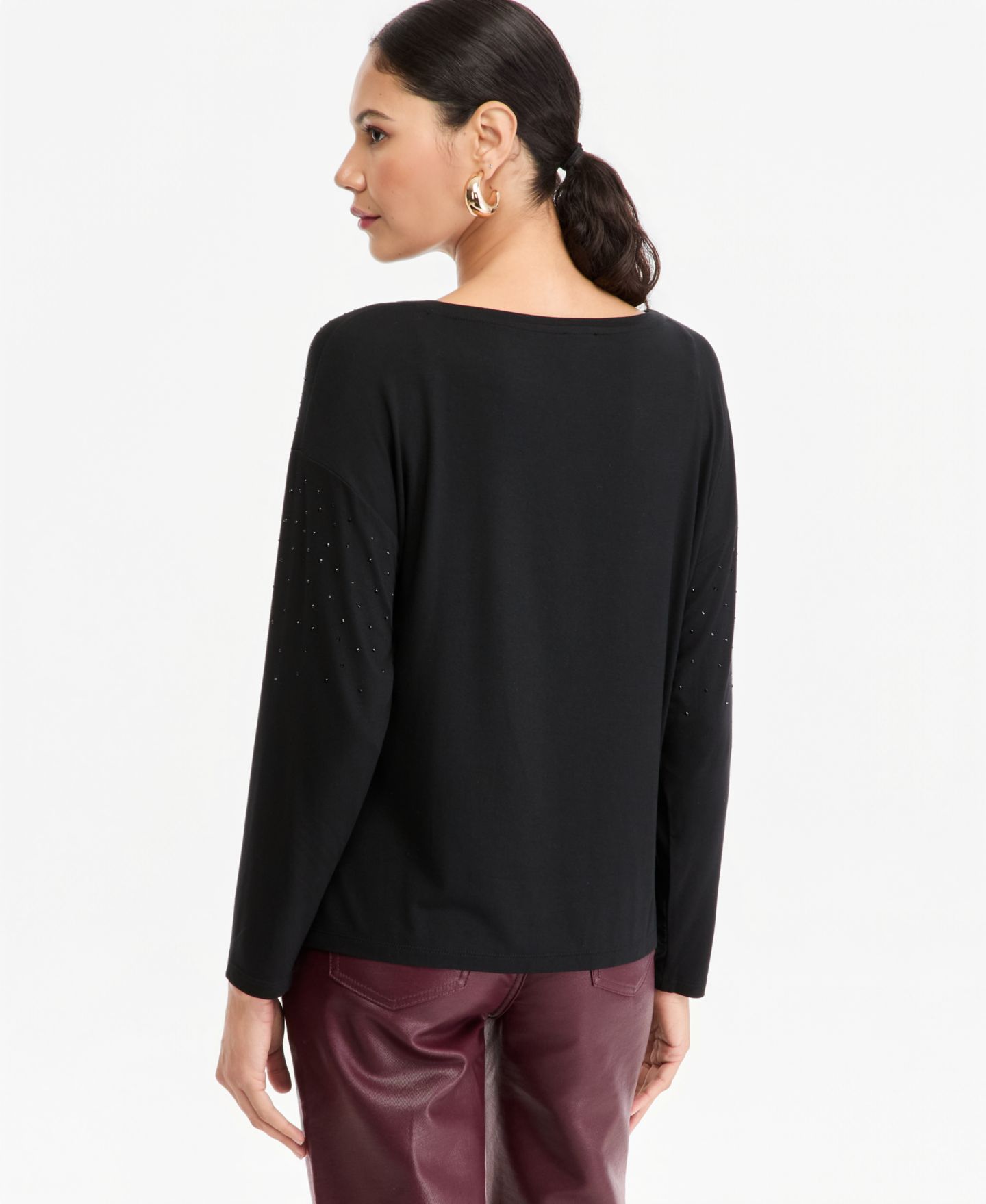 Женская футболка I.N.C. International Concepts Crystal Embellished Boat Neck Long-Sleeve, цвет: Глубокий чёрный — фото 3