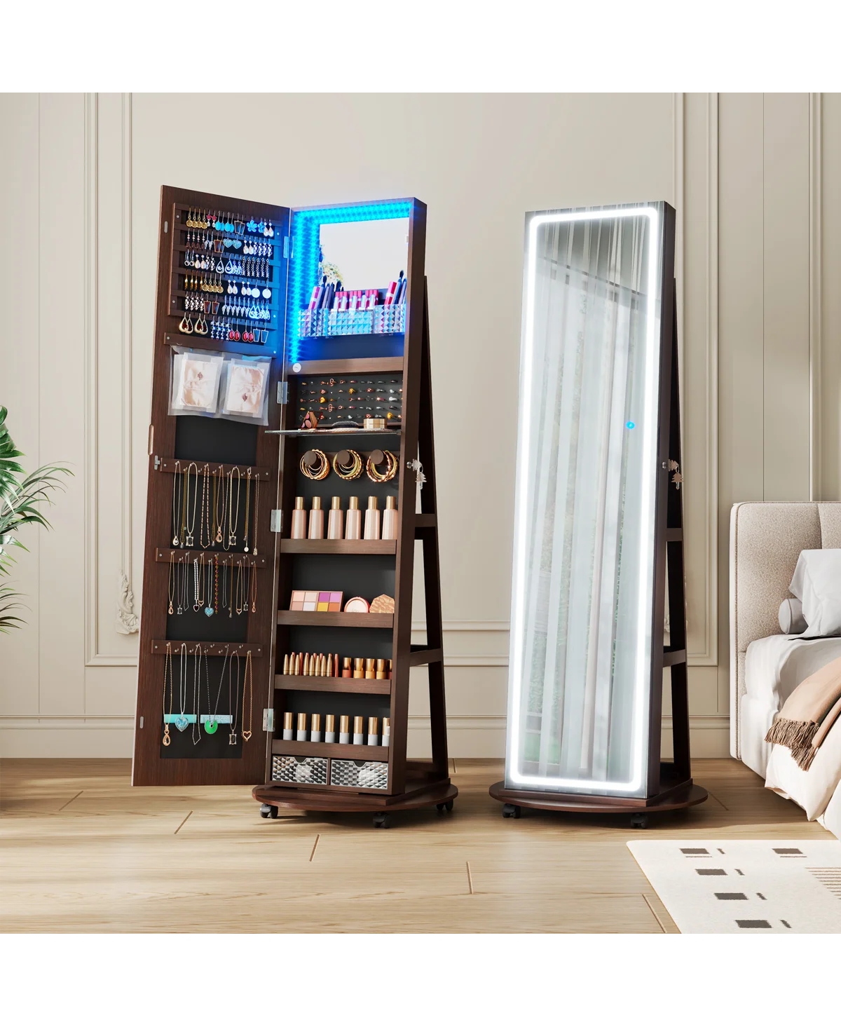 Vlsrka 360degree(s) Rotating Jewelry Armoire with Led Full-Length Mirror, Makeup Vanity and Storage Cabinet