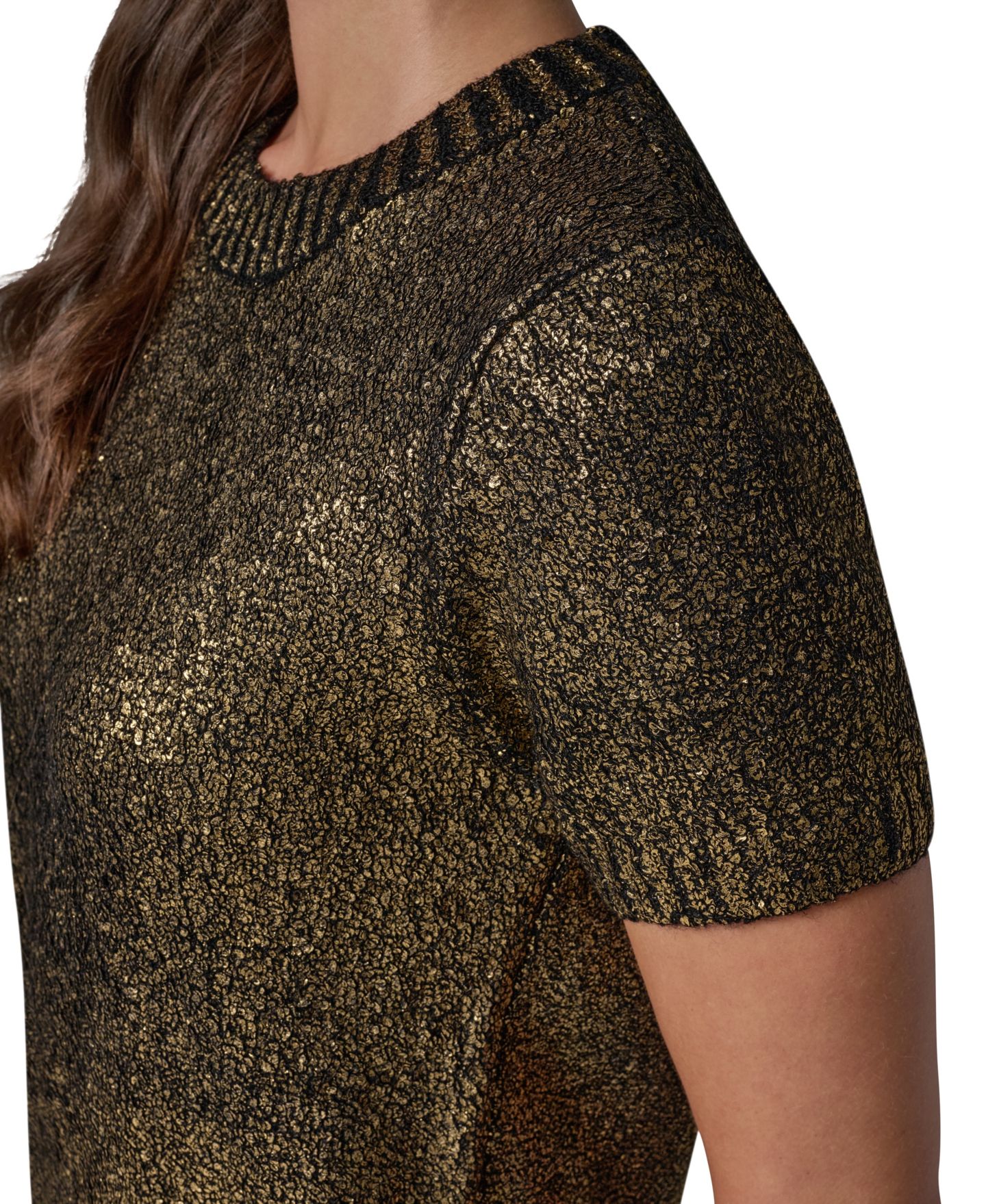 Женский свитер Donna Karan New York Foil Boucle Short-Sleeve Crewneck, цвет: Чёрный / Золотой — фото 7