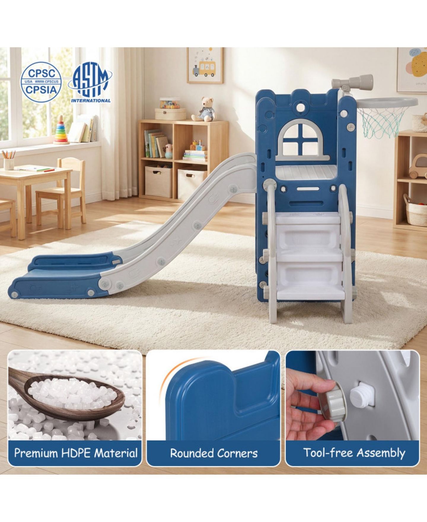 Детский игровой набор SUGIFT 6-in-1 L-Shaped Toddler Slide Climber Playset with Basketball Hoop, 27" x 57" x 33.5", 110 lbs Capacity, Ages 1-3, цвет: Синий — фото 8