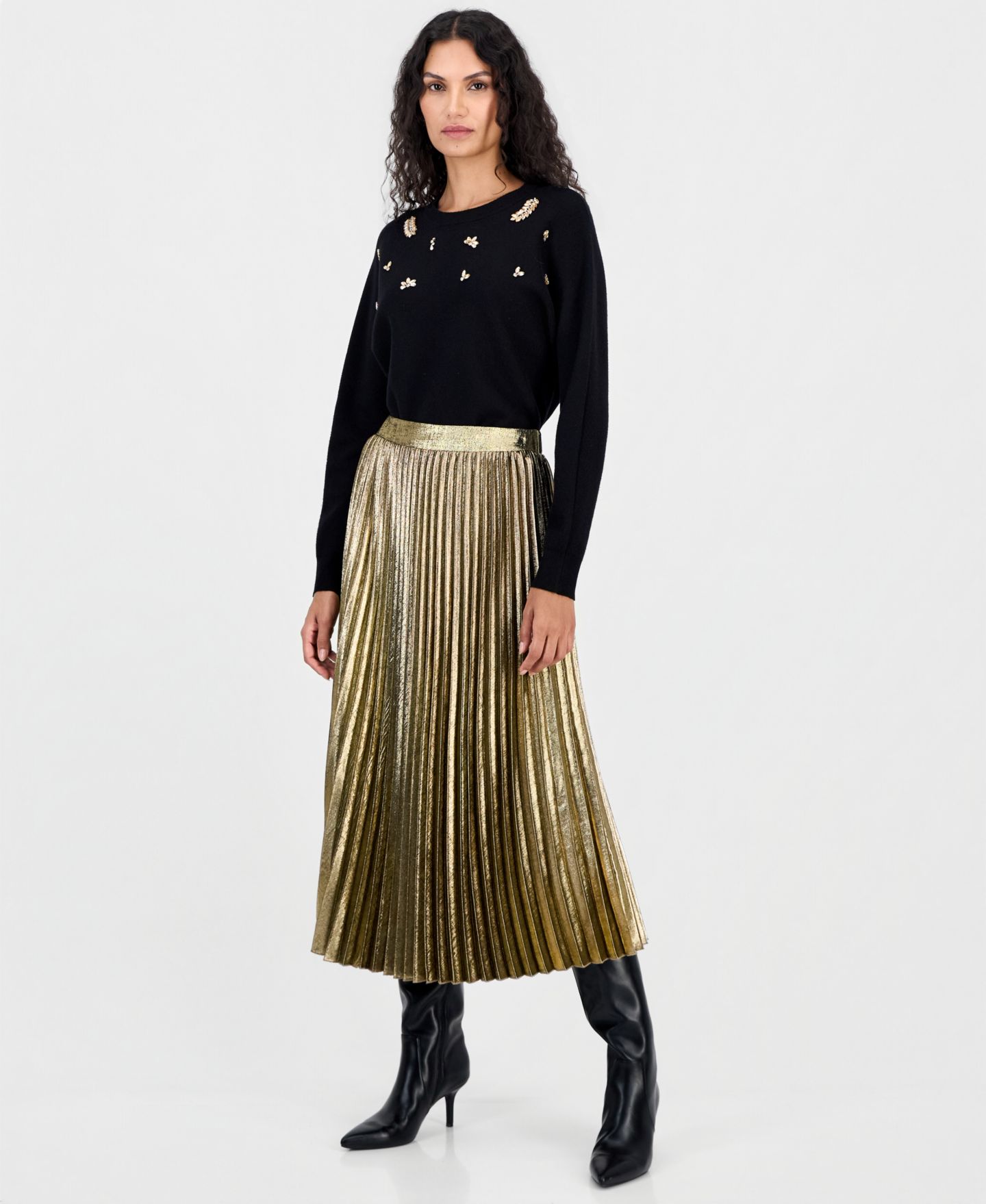 Женская юбка T Tahari Pull-On Pleated Midi, цвет: Золотой — фото 2