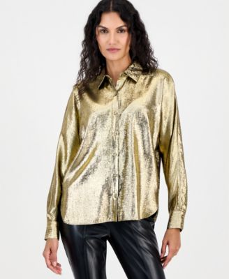 Women's Button-Down Metallic Long-Sleeve Blouse
