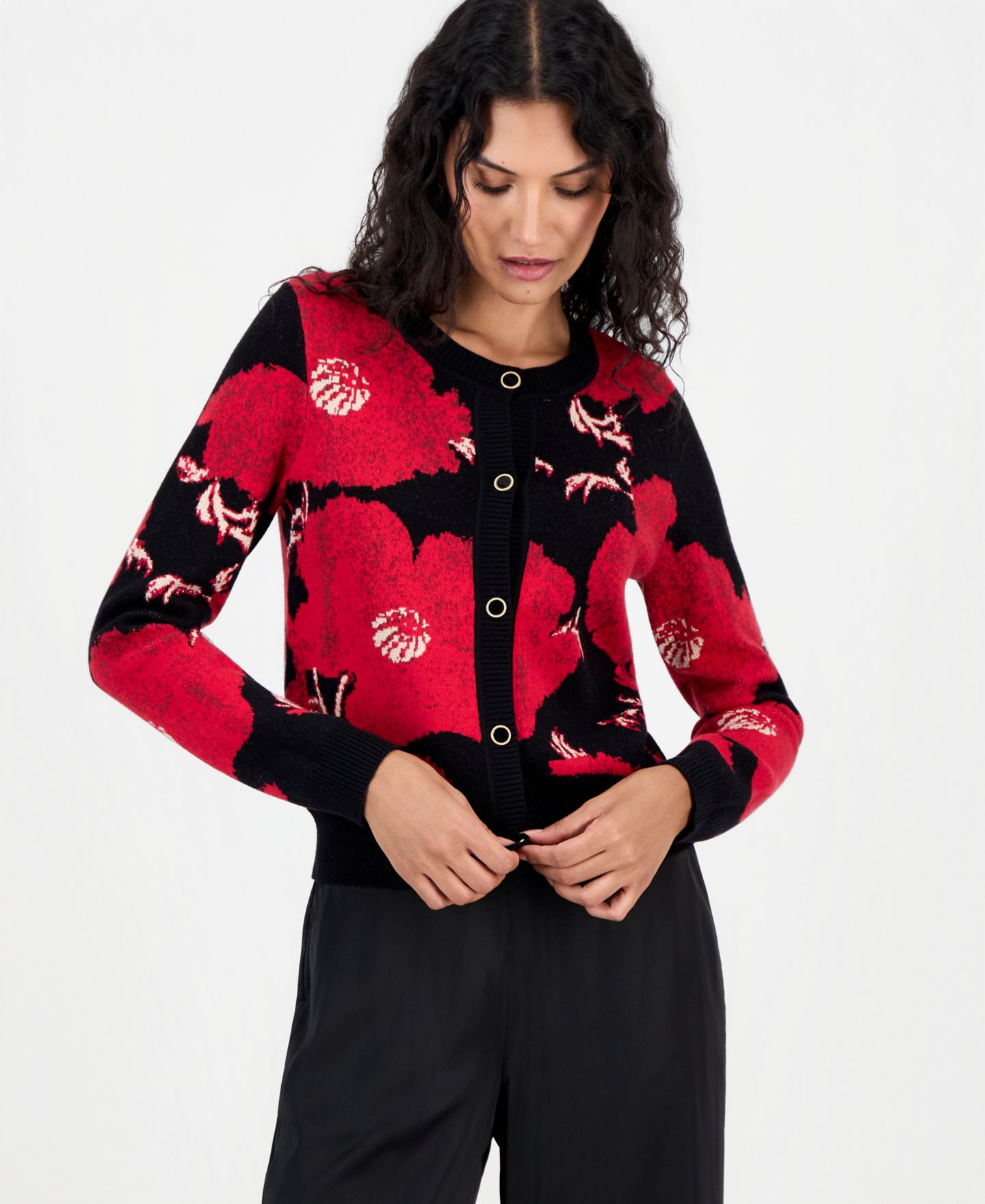 Женский кардиган T Tahari Long-Sleeve Floral-Print Jacquard, цвет: Красный бриллиантовый с принтом — фото 1