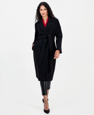 Women's Double-Breasted Heatset Embellishment Self Waist Tie Coat