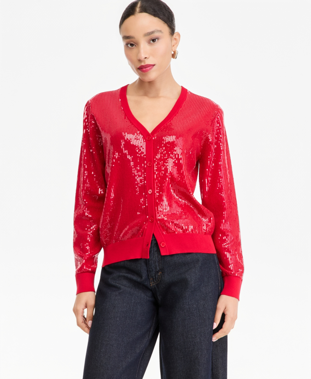I.n.c. International Concepts Women's Sequin V-Neck Cardigan, Macy's Exclusive - Real Red