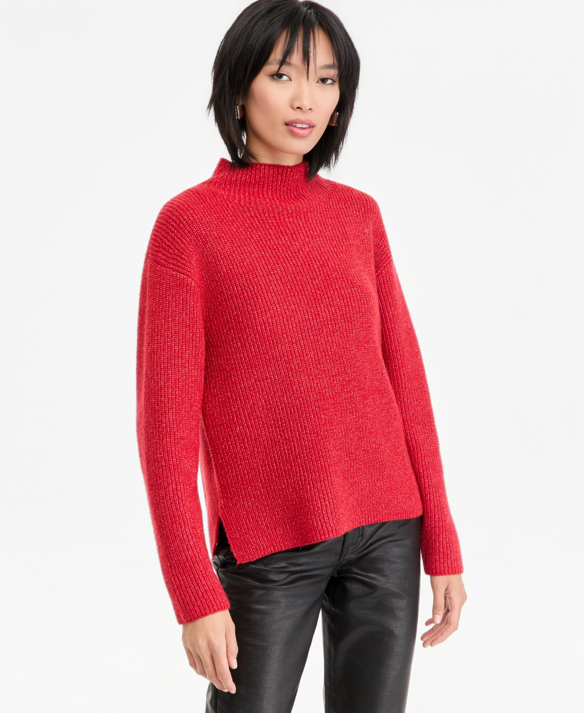 I.n.c. International Concepts Women's Mockneck Metallic Sweater, Macy's Exclusive - Real Red