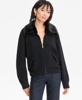 Women's Faux Fur-Collar Zip-Front Sweater Jacket