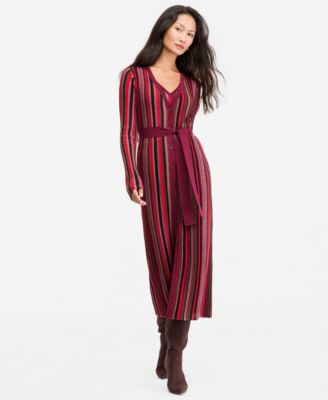 Women's Metallic Stripe Tie-Waist Duster Sweater