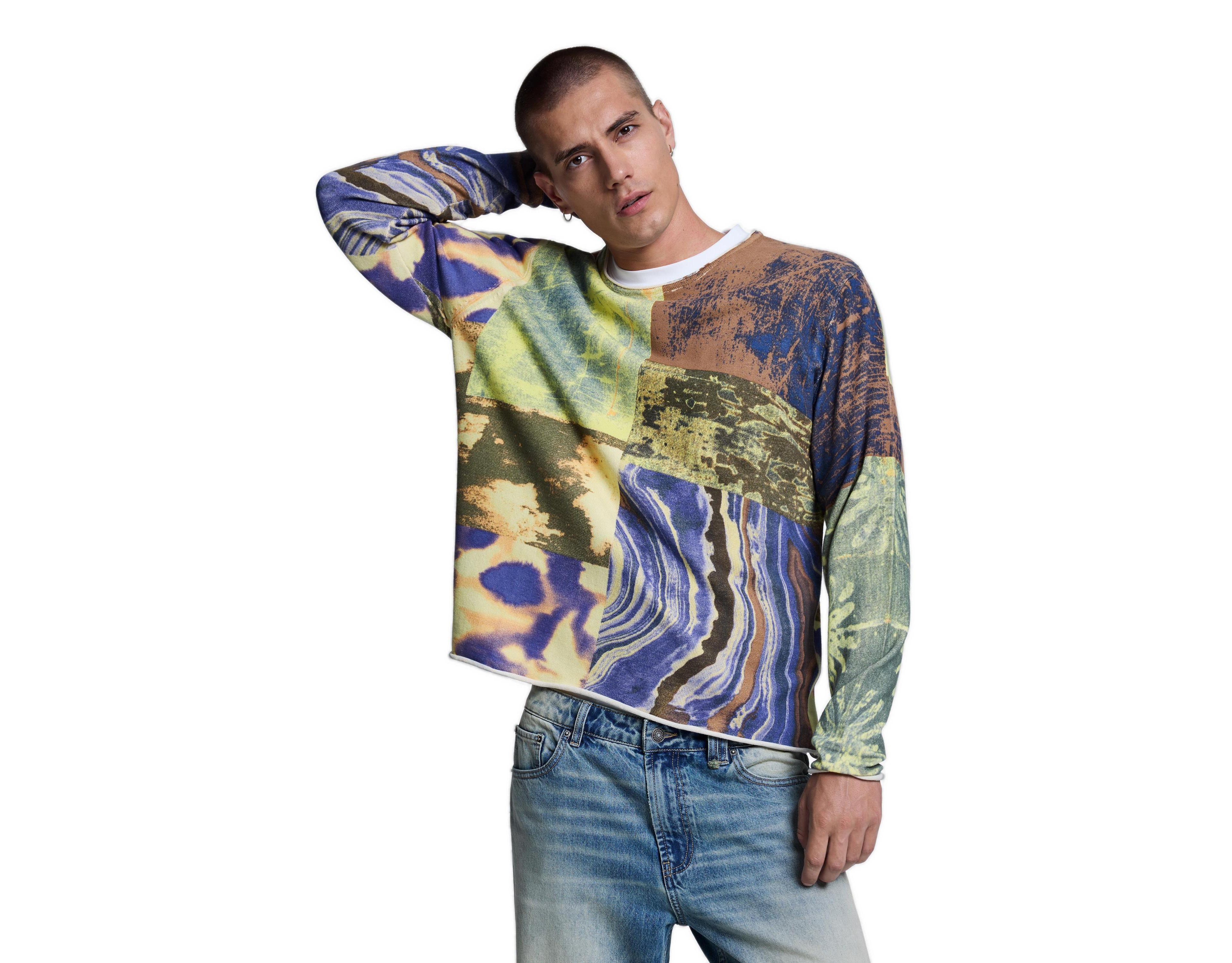 Desigual Men's Patchwork Print Loose Crew Neck Sweater