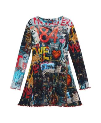 Girls' 4-16 Long-Sleeve Graphic-Print Fit & Flare Cotton-Blend Dress