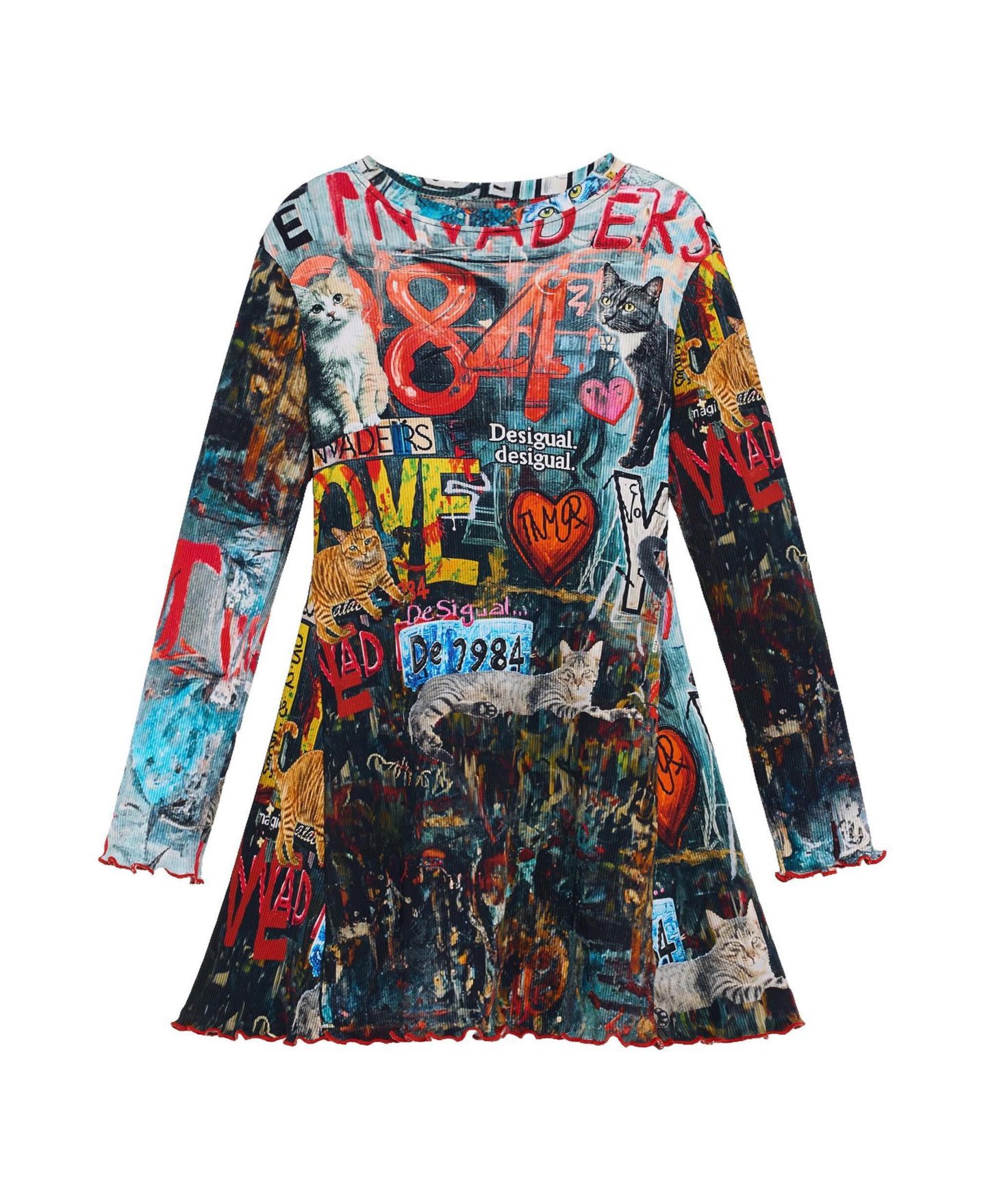 Платье Desigual Long-Sleeve Graphic-Print Fit & Flare Cotton-Blend Dress для девочек, цвет: Чёрный — фото 1
