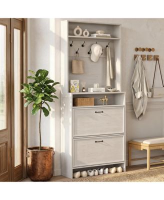Slim Entryway Shoe Storage Cabinet, Hall Tree with 7 Coat Hooks and Open Shelf, Adjustable Shelf, Anti-Tip Kit