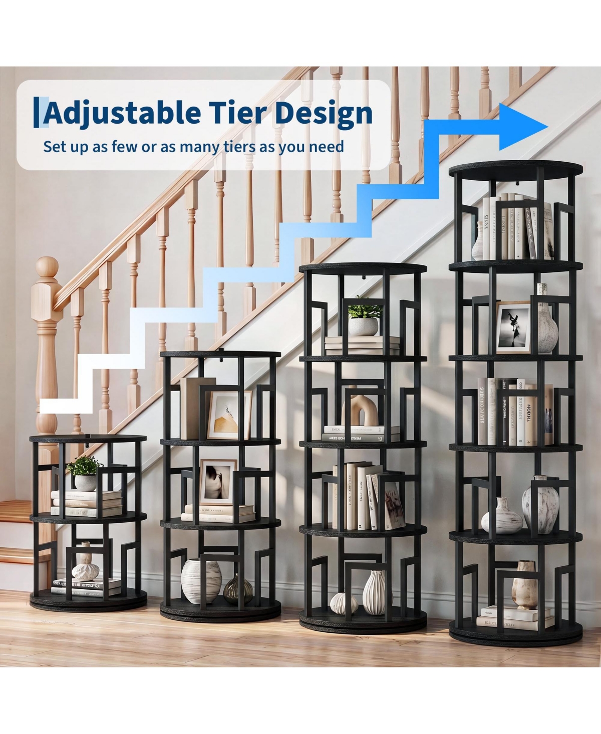 5-Tier Rotating Bookshelf Tower, Space-Saving Spinning Corner Bookcase, Revolving 360degree(s) Display Shelf for Home Office, Modern Metal Frame
