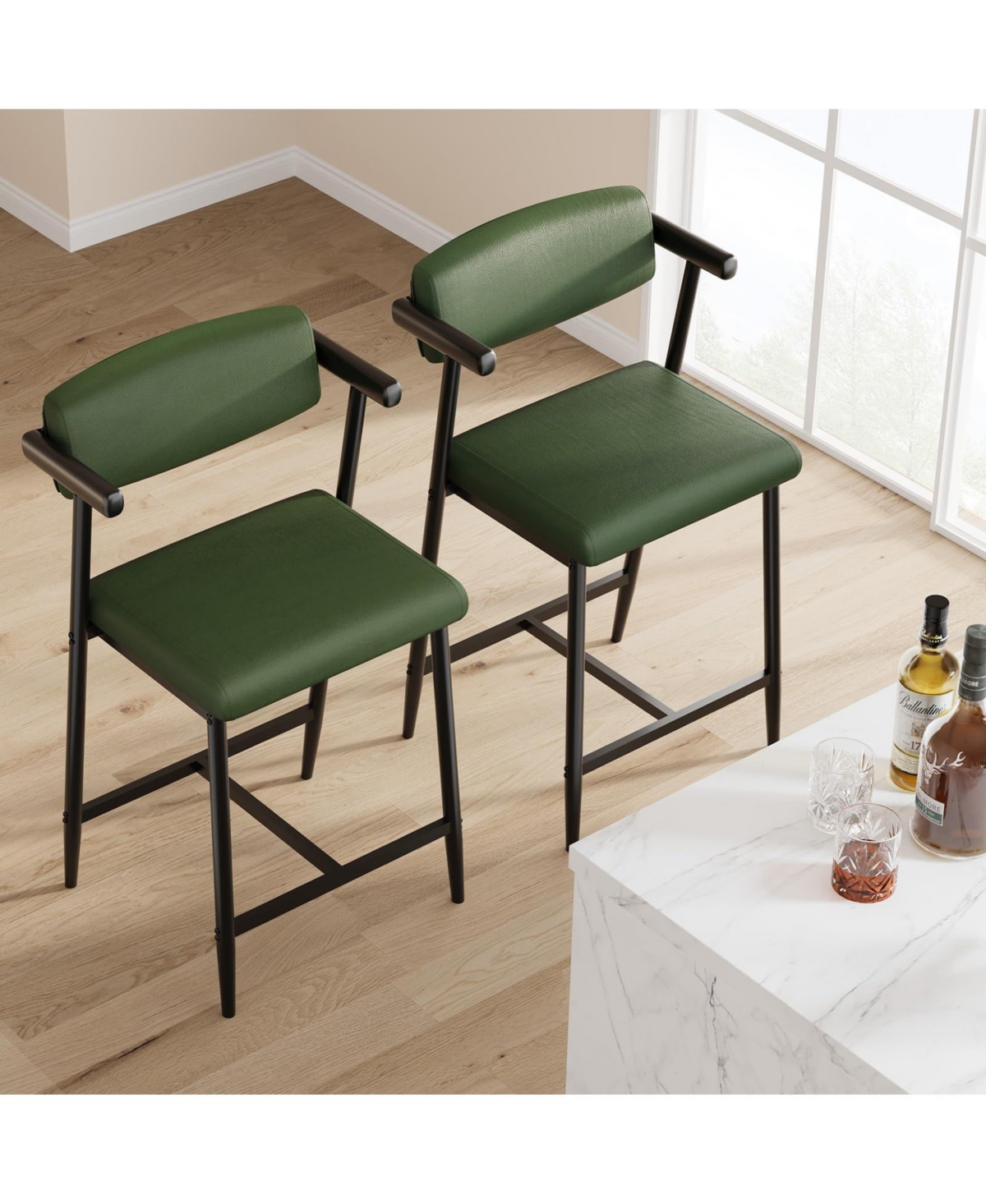 Modern Counter Height Bar Stools Set of 6 with Arms and Back, Upholstered Wide Seat, Ergonomic Metal Frame, Footrest, Easy Assembly