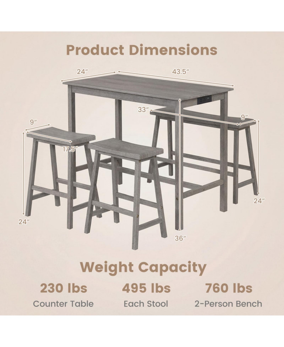 Sugift 4 Piece Counter Height Dining Table Set with Power Outlets Bench and 2 Saddle Stools