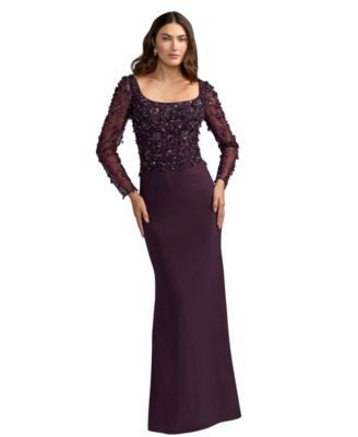 Women's Embellished Mesh Long-Sleeve Scoop Neck Gown