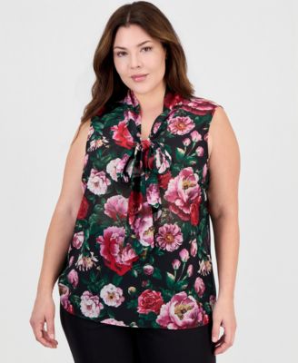 Plus Size Tie Front Floral-Print Sleeveless Blouse
