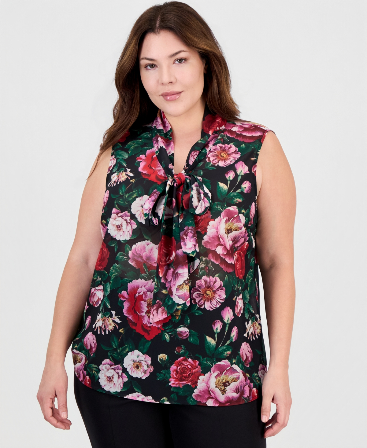 Tahari Plus Size Tie Front Floral-Print Sleeveless Blouse - Black Multi