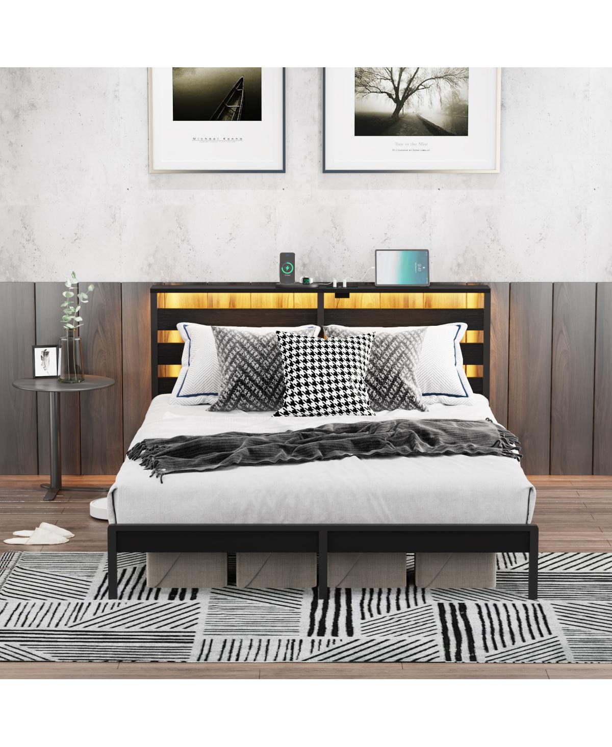 Streamdale Furniture Queen Metal Platform Bed with Led, Usb, and Headboard