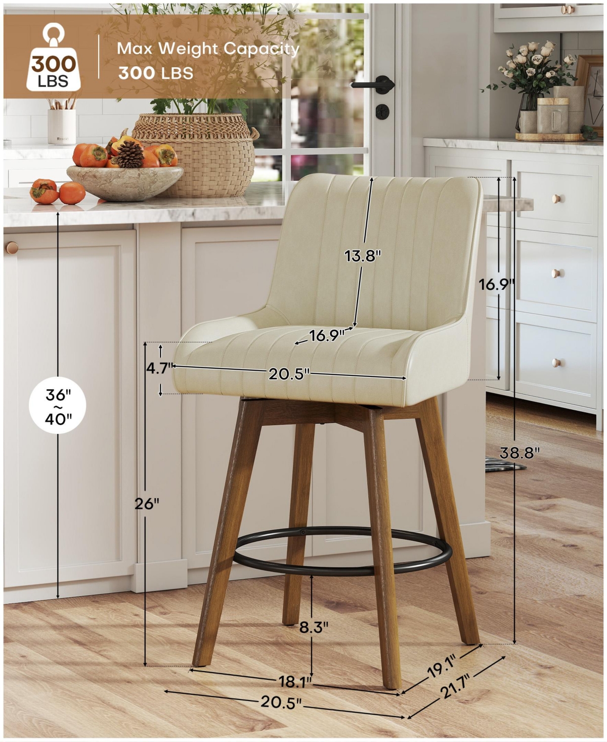 Bekrvio 26" Mid-Century Swivel Counter Height Bar Stools, Faux Leather Kitchen Stools with Spring Cushion