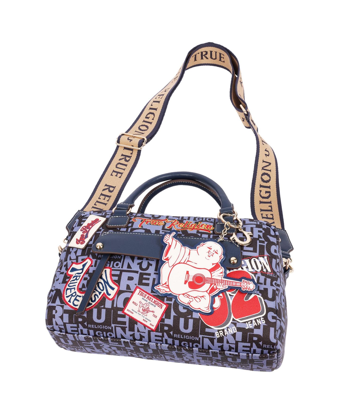 Женская сумка True Religion Multi Patch Graphic Satchel with Detachable Guitar Buddha Charm - Convertible Crossbody Handbag, цвет: Синий — фото 8