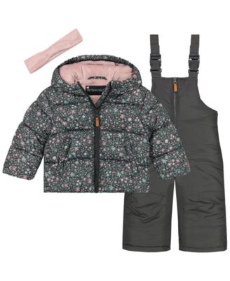 Baby Girls' Floral-Print Puffer Jacket, Ski Bib and Headband, 3-Piece Set