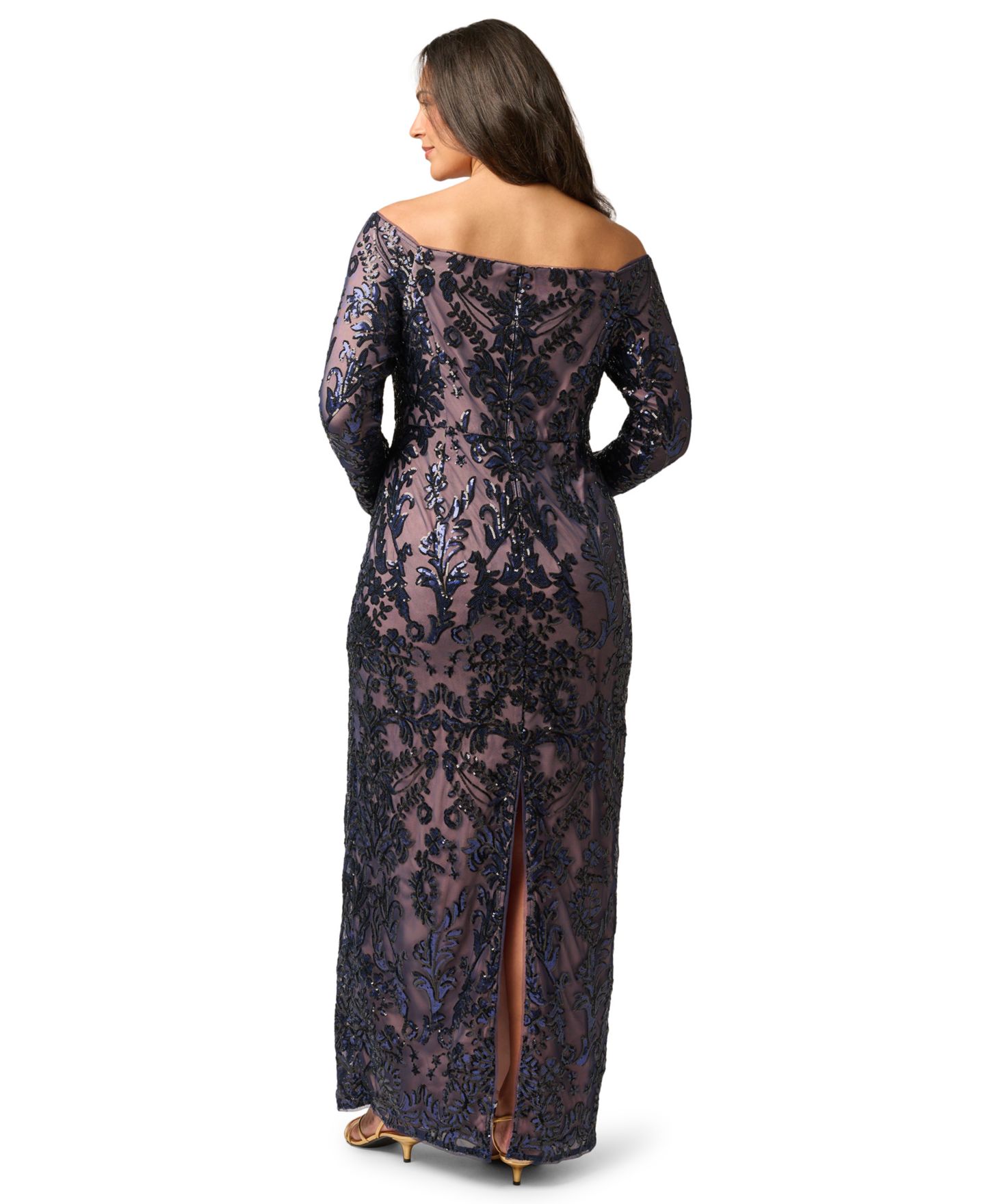 Женские платья Adrianna Papell Plus Size Sequin Off-the-Shoulder Gown, цвет: Тёмно-синий розовый золотой — фото 3