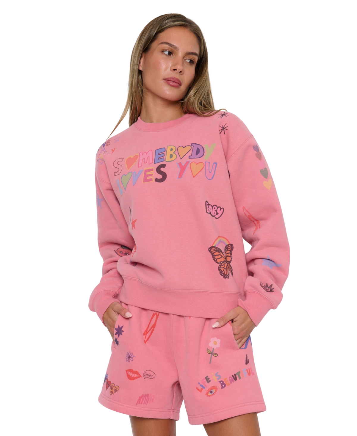 Mayfair Juniors' Somebody Loves You Graphic Long-Sleeve Cotton-Blend Sweatshirt