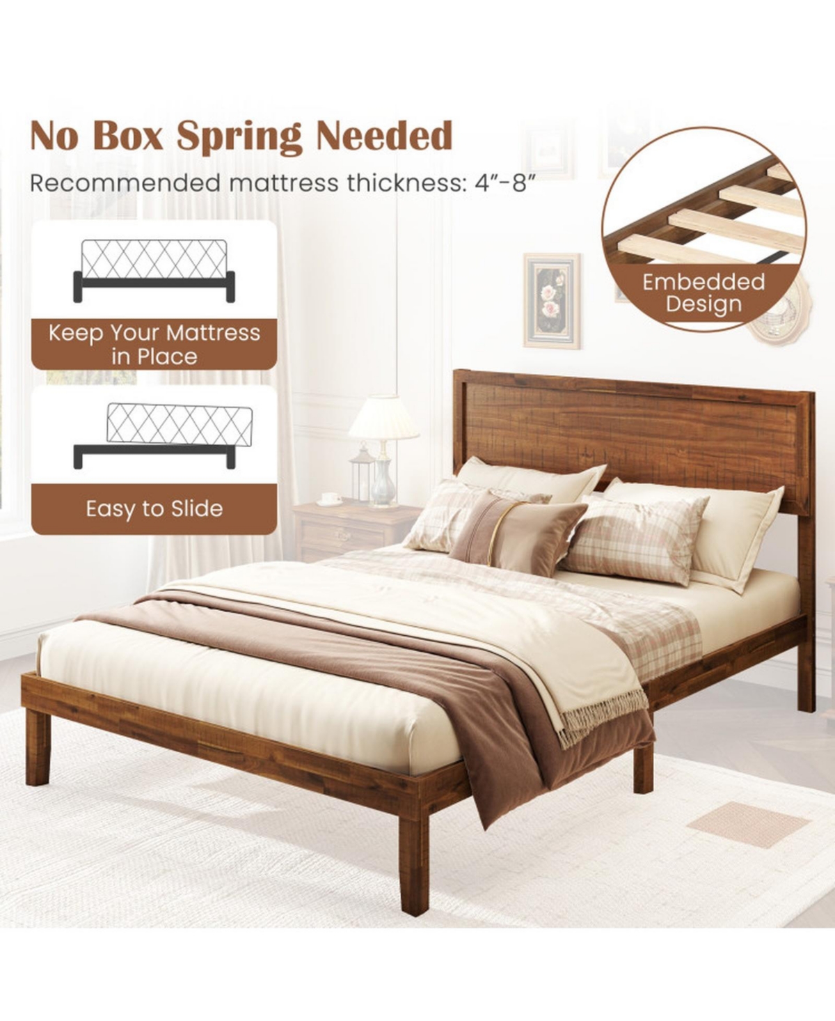 Gouun Full Size Wood Platform Bed Frame with High Headboard and 12 Plywood Slats