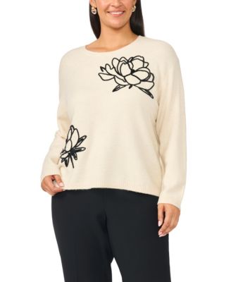 Plus Size Long-Sleeve Crewneck Floral-Chenille Embroidery Sweater
