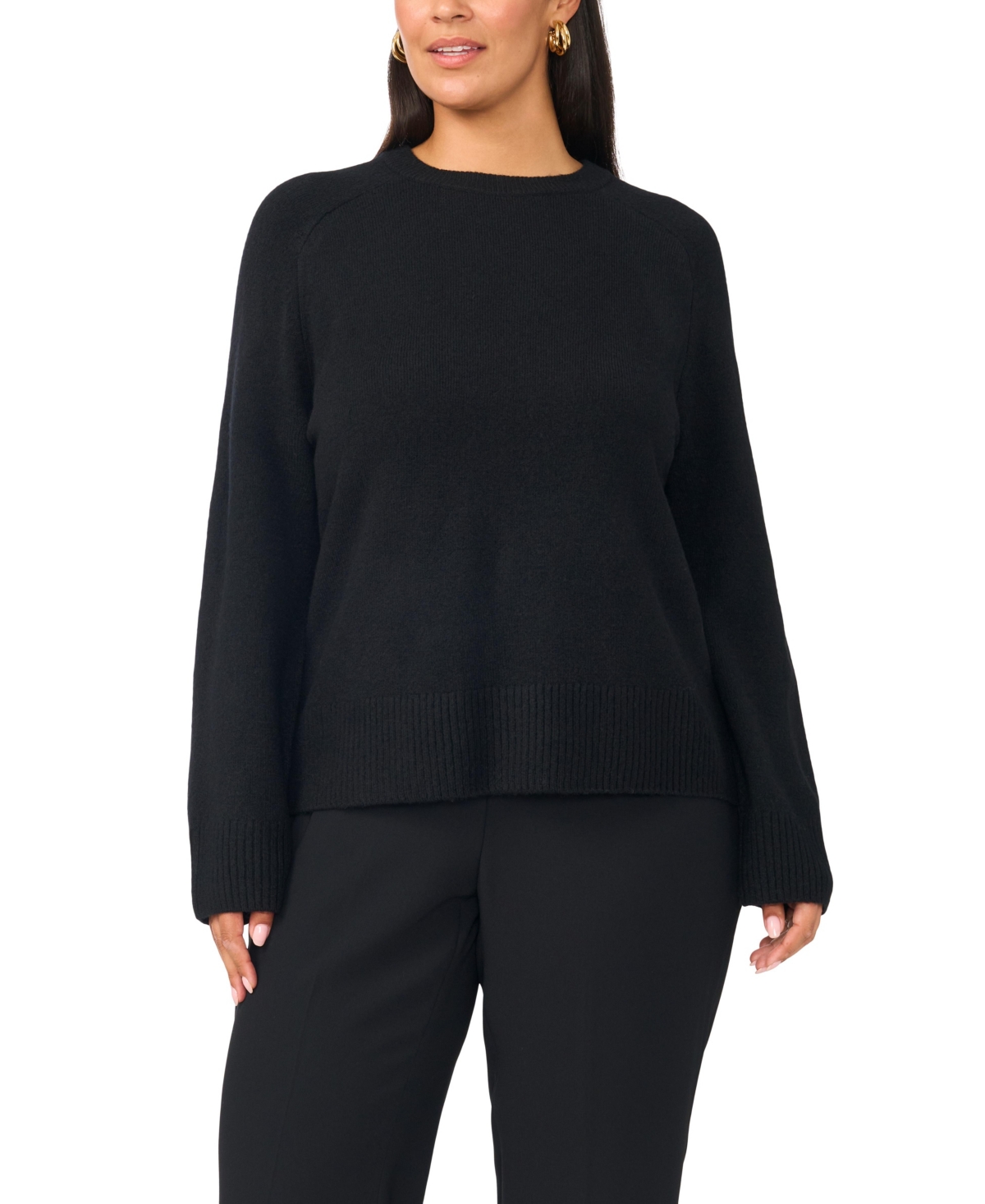 Vince Camuto Plus Size Saddle Shoulder Ribbed Cuffs and Hem Crewneck Sweater - Rich Black