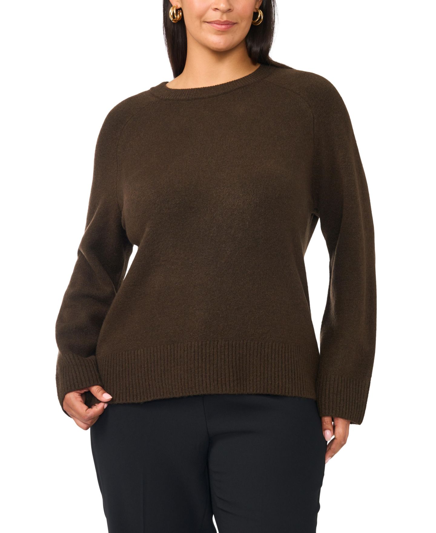 Женский свитер Vince Camuto Plus Size Saddle Shoulder Ribbed Cuffs and Hem Crewneck, цвет: Шоколадный — фото 1