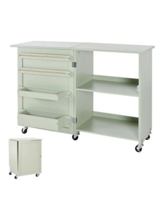 Multipurpose Folding Sewing Table for Home Craft Station - Sewing Machine Table with Wheels Wooden Pegs Storage Trays Shelf, Magnetic Door Lock