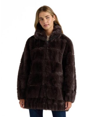 Women's faux fux zip Jacket With Elastic Waistband and Cuffs